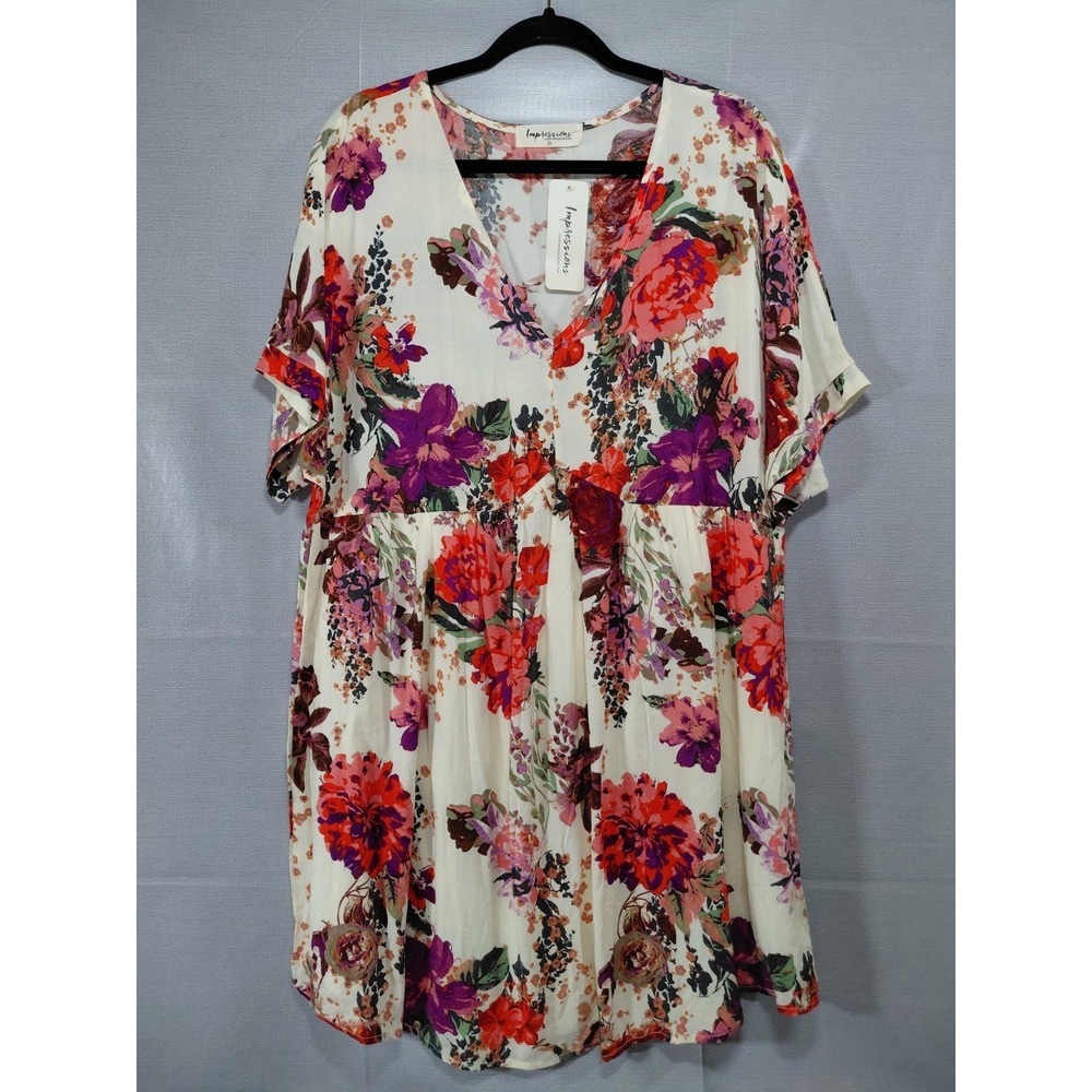 Impressions Cream Floral Mini Dress with Red & Purple Blooms